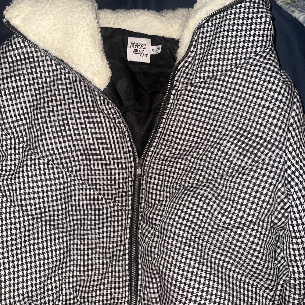 Checkered Puffer Jacket with Fleece Lining